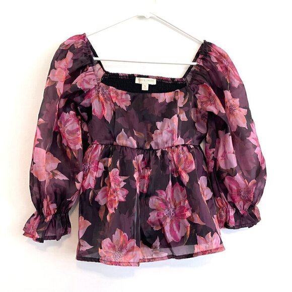 THIRTY THIRTY LA Plum Purple Pink Floral Shiny Square Neck 3/4 Sleeve Blouse S - Picture 2 of 14